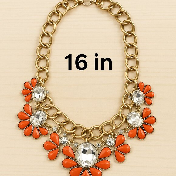 Statement necklace gold tone chunky chain coral orange flower resin Y2K J25 - Picture 3 of 4